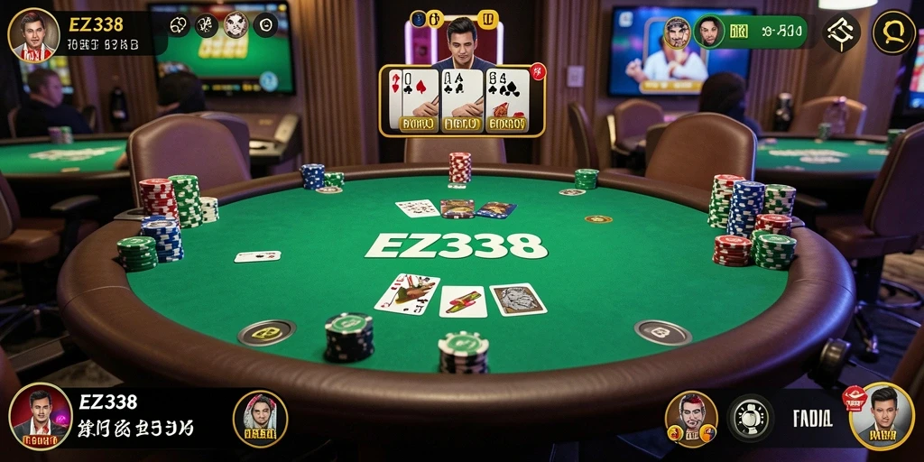 Screenshot gameplay EZ338 yang menunjukkan aksi mendebarkan dalam permainan Poker.