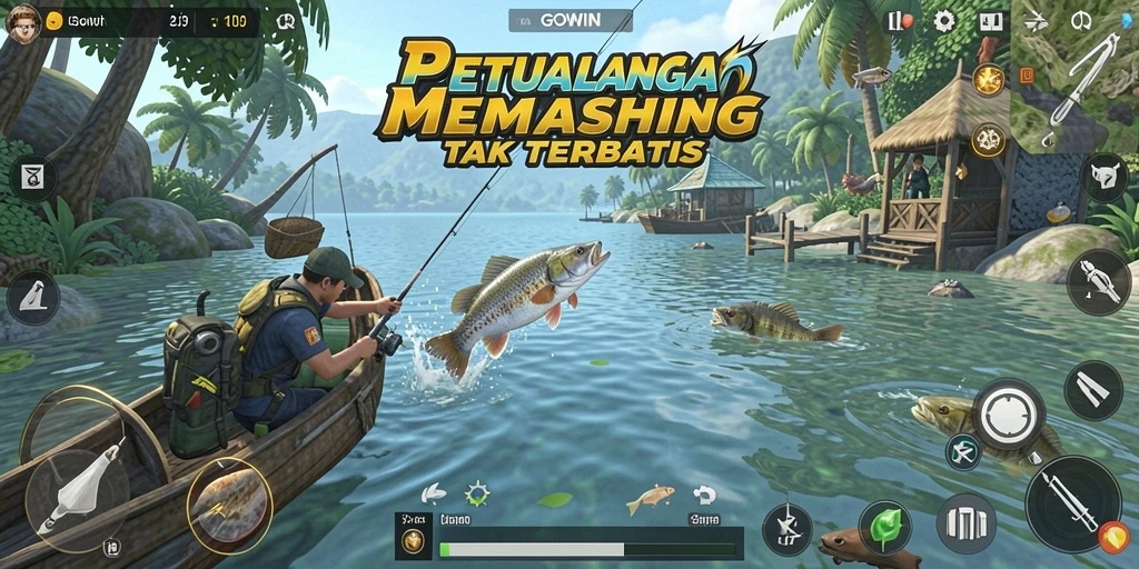 Screenshot gameplay GOWIN yang menampilkan aksi memancing seru.