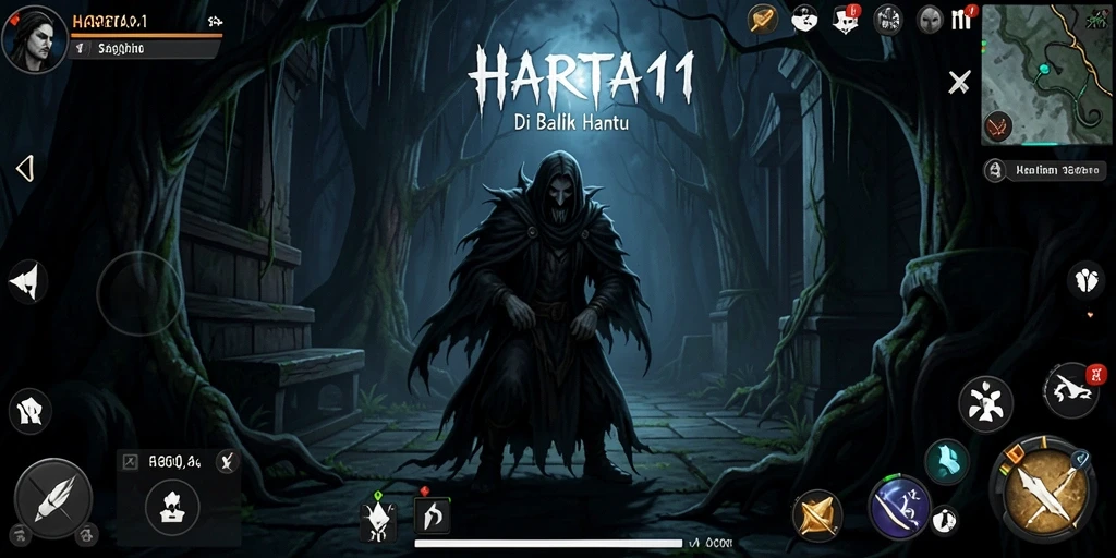 Tampilan gameplay HARTA11 yang kelam dan menegangkan.