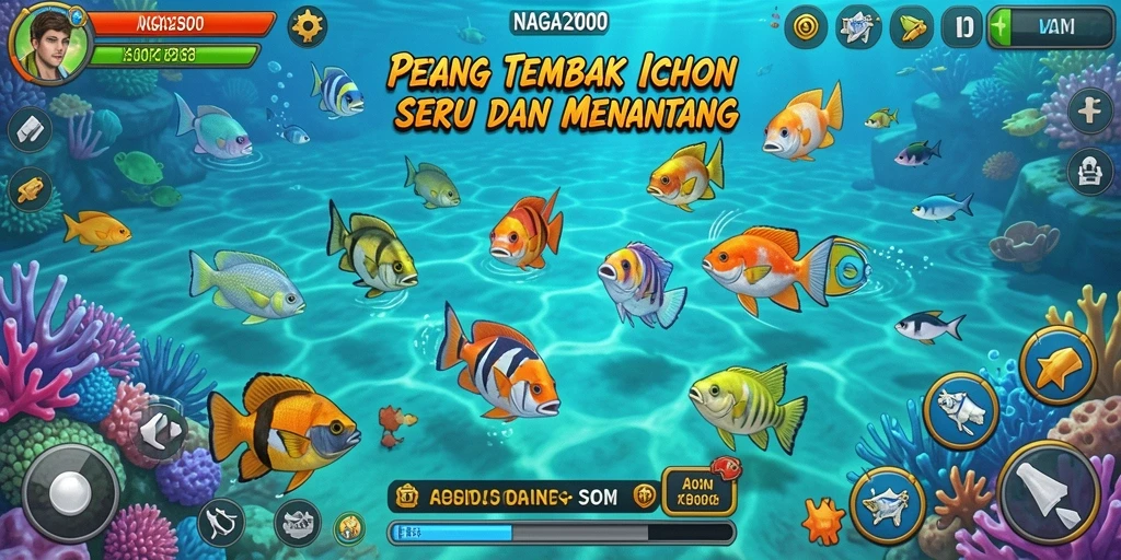 Screenshot NAGA2000 menunjukkan gameplay Tembak Ikan yang seru dan penuh warna.